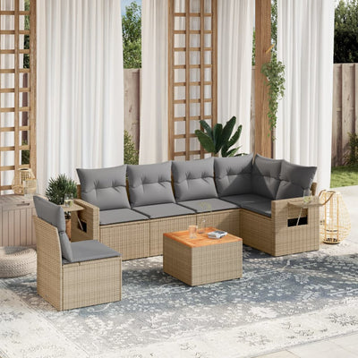 7 Piece Garden Sofa Set with Cushions Mix Beige Poly Rattan