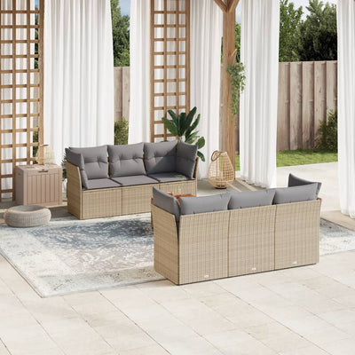 7 Piece Garden Sofa Set with Cushions Mix Beige Poly Rattan