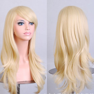 70cm Wavy Curly Sleek Full Hair Lady Wigs w Side Bangs Cosplay Costume Womens, Light Blonde