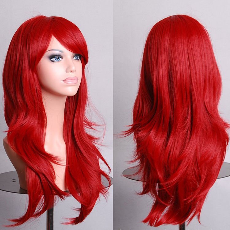 70cm Wavy Curly Sleek Full Hair Lady Wigs w Side Bangs Cosplay Costume Womens, Red Payday Deals