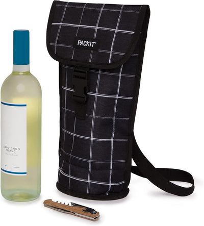 PACKIT Freezable Napa Wine Bag Cooler Carrier Insulated Portable Wine Chiller - Black Grid