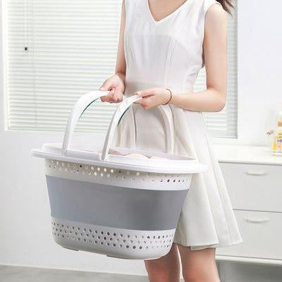 28L Foldable Laundry Washing Basket with Handle Collapsible - Grey/White