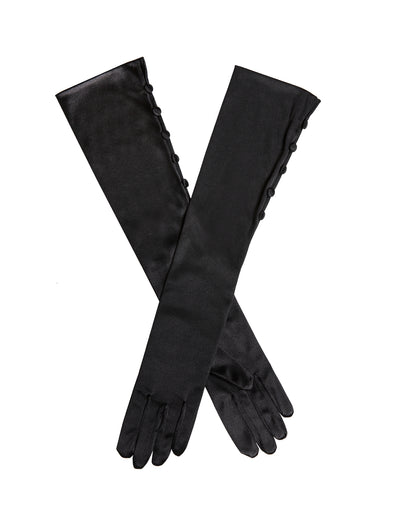 Dents Womens Satin Elbow Length Gloves with Button Trim - Black