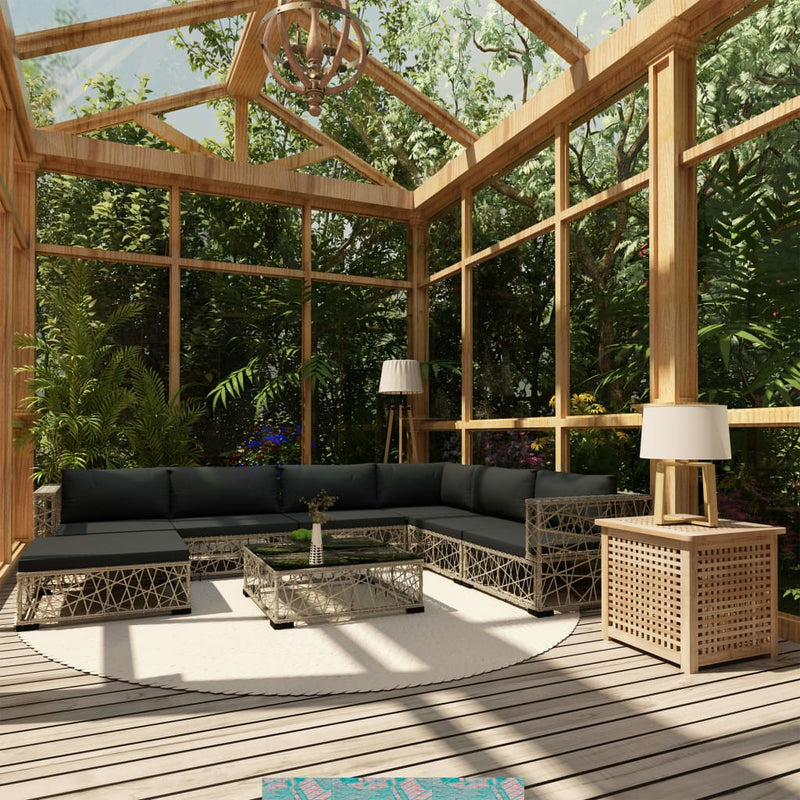 8 Piece Garden Lounge Set with Cushions Poly Rattan Grey Payday Deals