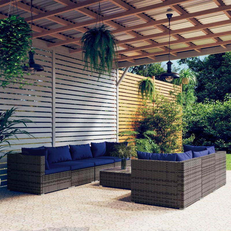 8 Piece Garden Lounge Set with Cushions Poly Rattan Grey Payday Deals