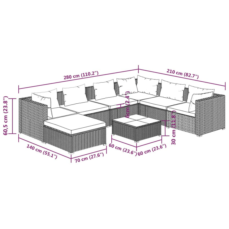 8 Piece Garden Lounge Set with Cushions Poly Rattan Grey Payday Deals