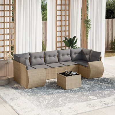 8 Piece Garden Sofa Set with Cushions Beige Poly Rattan