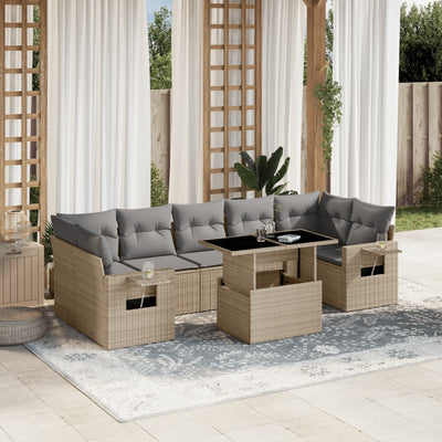 8 Piece Garden Sofa Set with Cushions Beige Poly Rattan