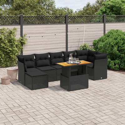 8 Piece Garden Sofa Set with Cushions Black Poly Rattan