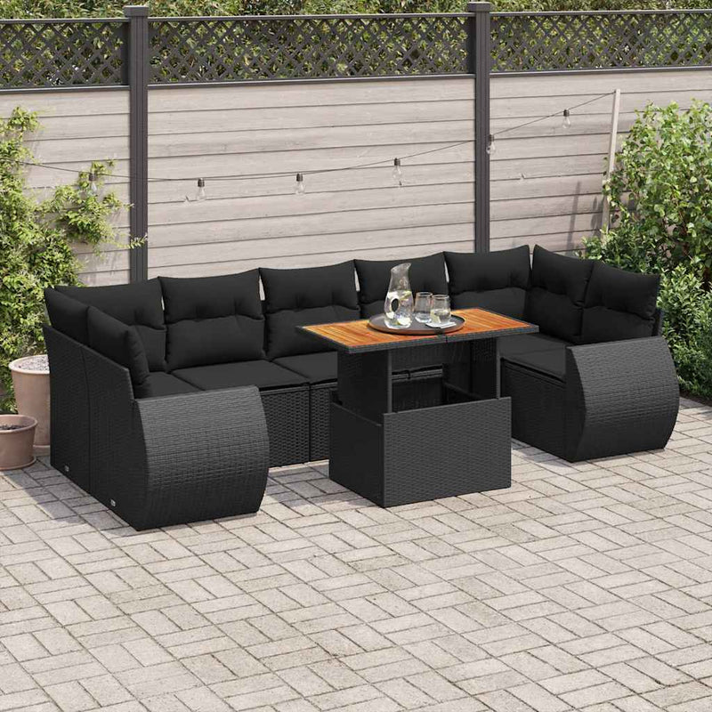 8 Piece Garden Sofa Set with Cushions Black Poly Rattan Payday Deals