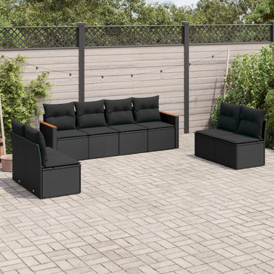 8 Piece Garden Sofa Set with Cushions Black Poly Rattan