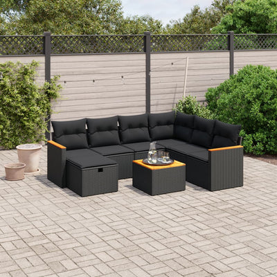 8 Piece Garden Sofa Set with Cushions Black Poly Rattan