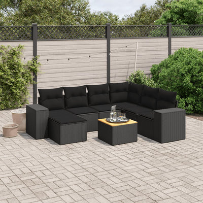 8 Piece Garden Sofa Set with Cushions Black Poly Rattan