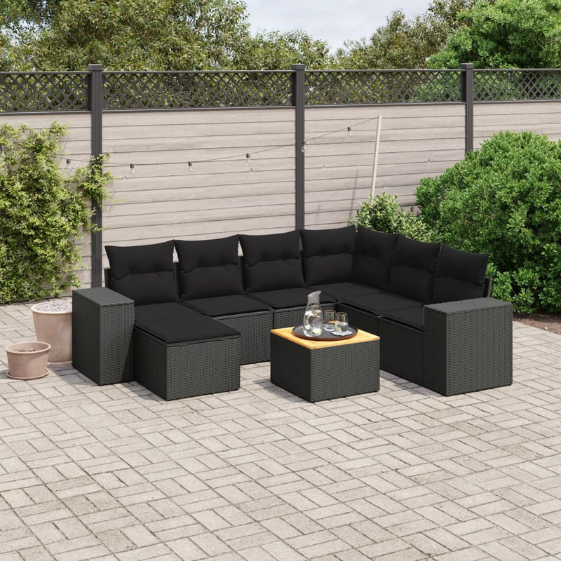 8 Piece Garden Sofa Set with Cushions Black Poly Rattan Payday Deals