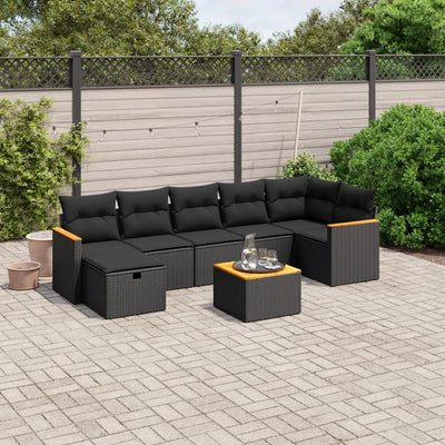 8 Piece Garden Sofa Set with Cushions Black Poly Rattan