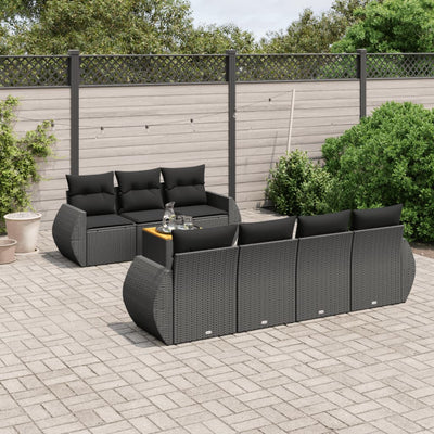 8 Piece Garden Sofa Set with Cushions Black Poly Rattan