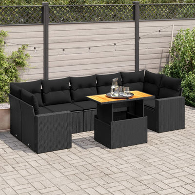 8 Piece Garden Sofa Set with Cushions Black Poly Rattan