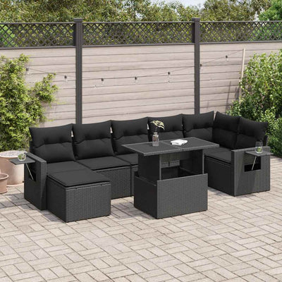 8 Piece Garden Sofa Set with Cushions Black Poly Rattan