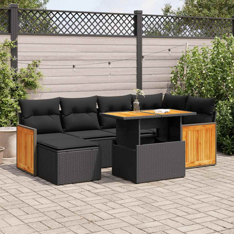 8 Piece Garden Sofa Set with Cushions Black Poly Rattan Acacia Payday Deals