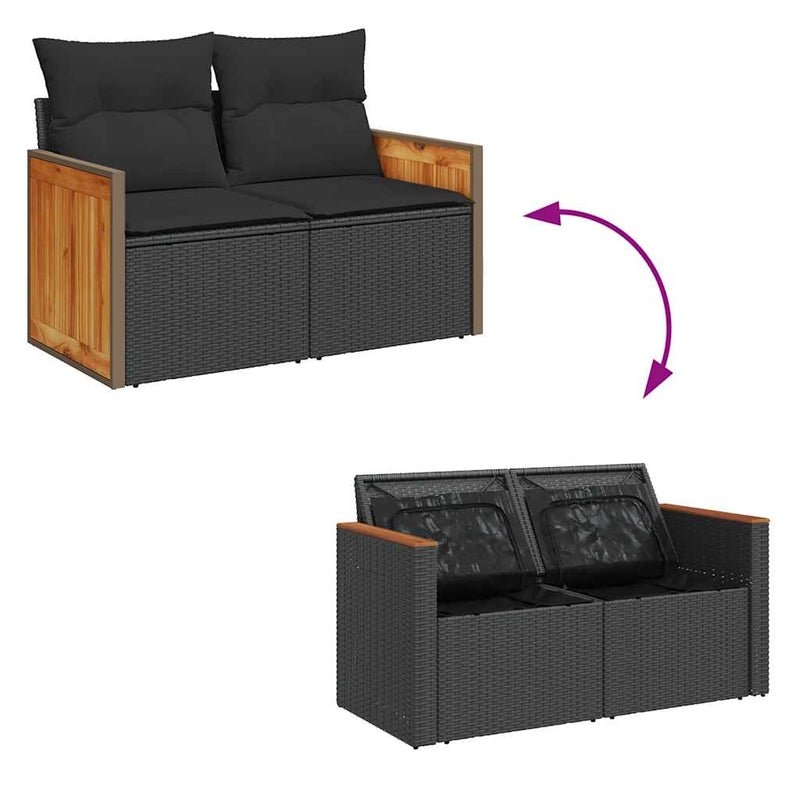 8 Piece Garden Sofa Set with Cushions Black Poly Rattan Acacia Payday Deals