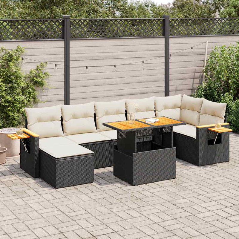 8 Piece Garden Sofa Set with Cushions Black Poly Rattan Acacia Payday Deals