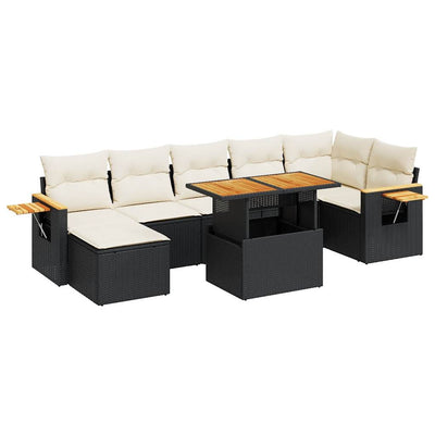 8 Piece Garden Sofa Set with Cushions Black Poly Rattan Acacia Payday Deals