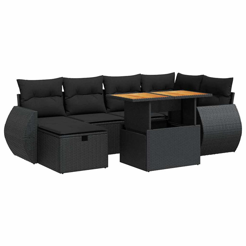 8 Piece Garden Sofa Set with Cushions Black Poly Rattan Acacia Payday Deals