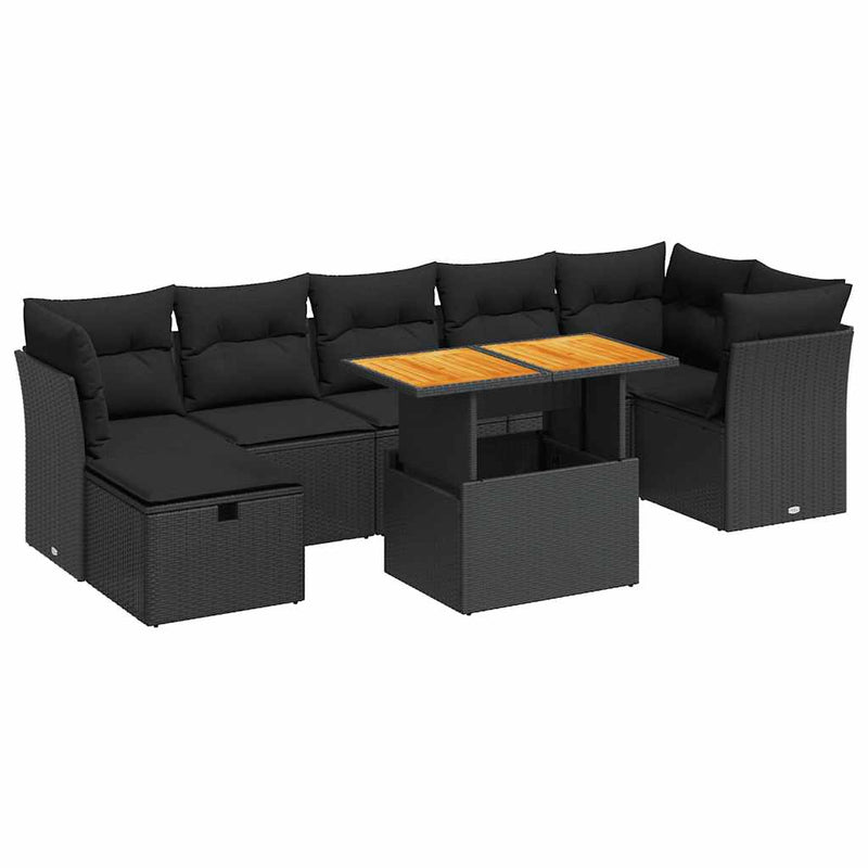 8 Piece Garden Sofa Set with Cushions Black Poly Rattan Acacia Payday Deals