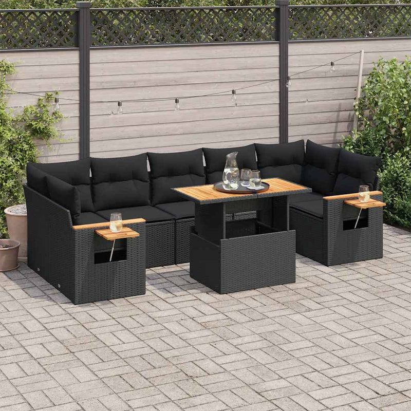 8 Piece Garden Sofa Set with Cushions Black Poly Rattan Acacia Payday Deals
