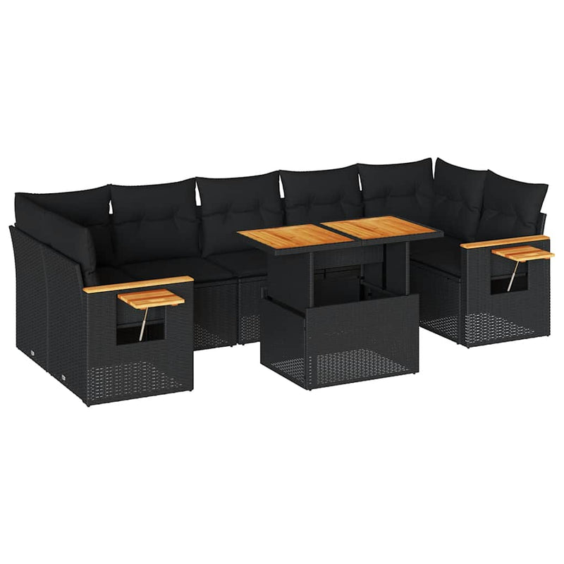 8 Piece Garden Sofa Set with Cushions Black Poly Rattan Acacia Payday Deals