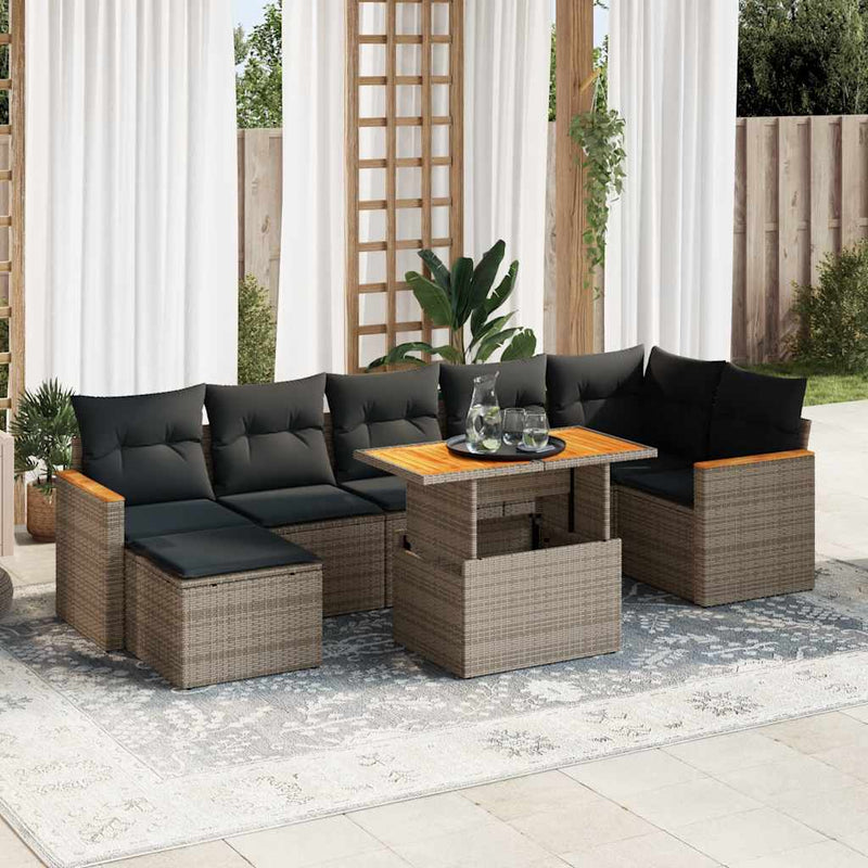 8 Piece Garden Sofa Set with Cushions Grey Poly Rattan Acacia Payday Deals