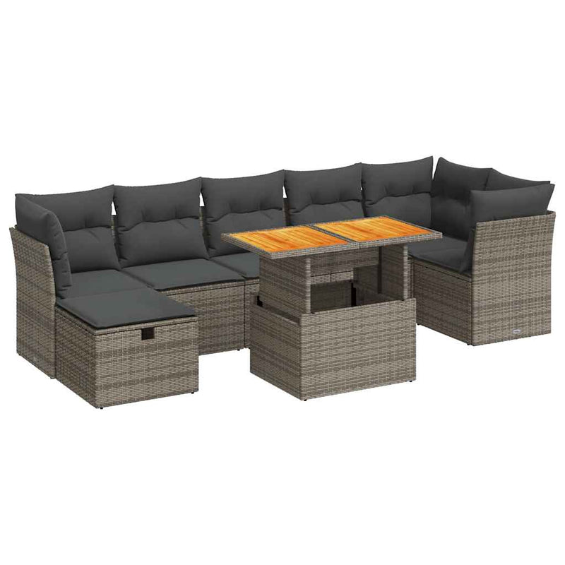 8 Piece Garden Sofa Set with Cushions Grey Poly Rattan Acacia Payday Deals