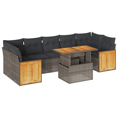 8 Piece Garden Sofa Set with Cushions Grey Poly Rattan Acacia Payday Deals