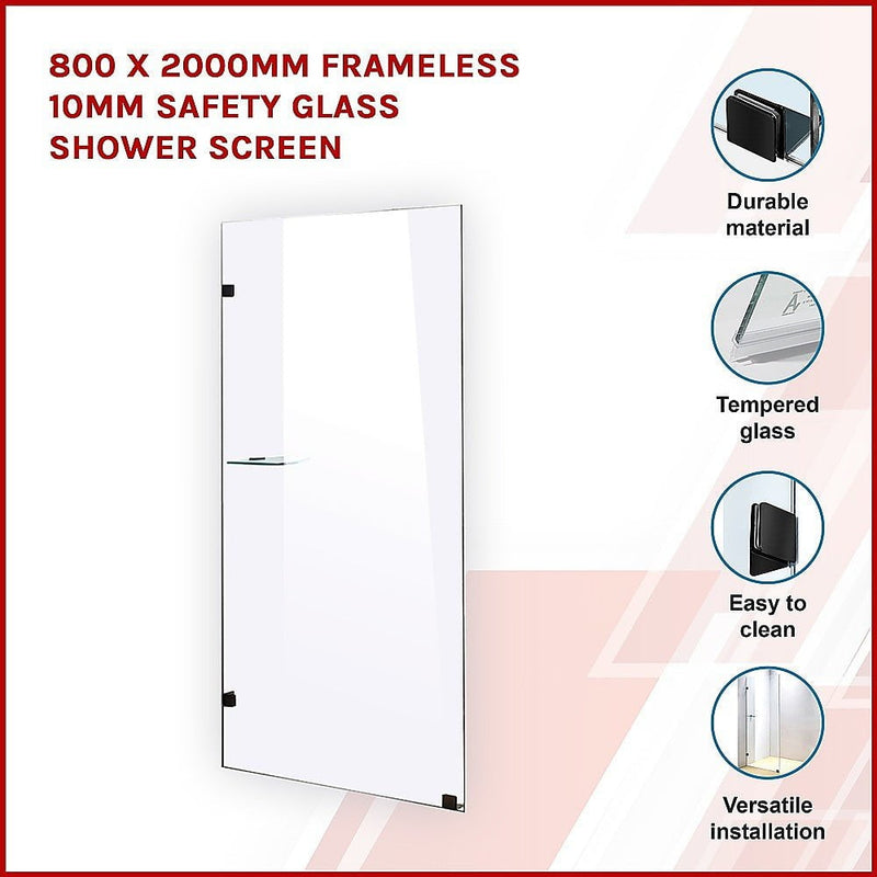 800 x 2000mm Frameless 10mm Safety Glass Shower Screen Payday Deals