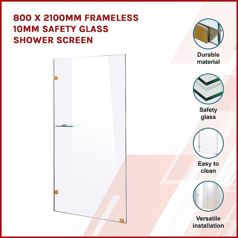 800 x 2100mm Frameless 10mm Safety Glass Shower Screen Payday Deals