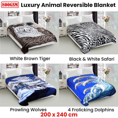 800GSM Luxury Reversible Animal Mink Blanket Queen 200 x 240 cm White Black Safari Payday Deals