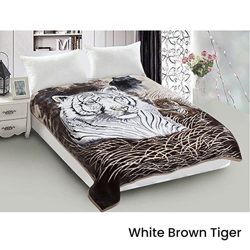 800GSM Luxury Reversible Animal Mink Blanket Queen 200 x 240 cm White Brown Tiger Payday Deals