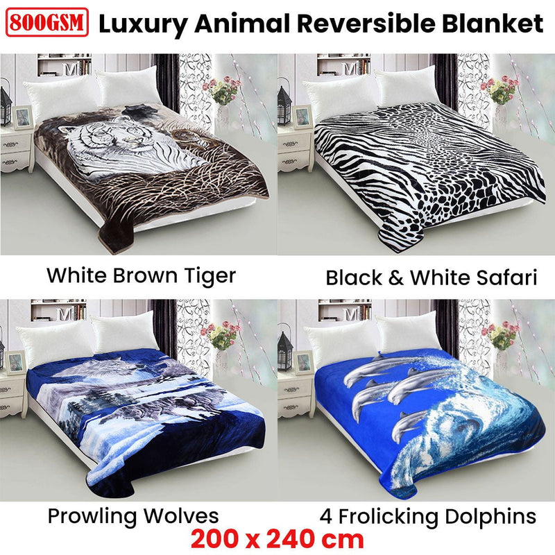 800GSM Luxury Reversible Animal Mink Blanket Queen 200 x 240 cm White Brown Tiger Payday Deals