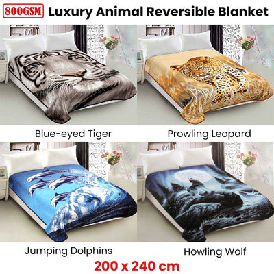 800GSM Luxury Reversible Animal Pattern Mink Blanket Queen 200 x 240 cm Blue-eyed Tiger Payday Deals