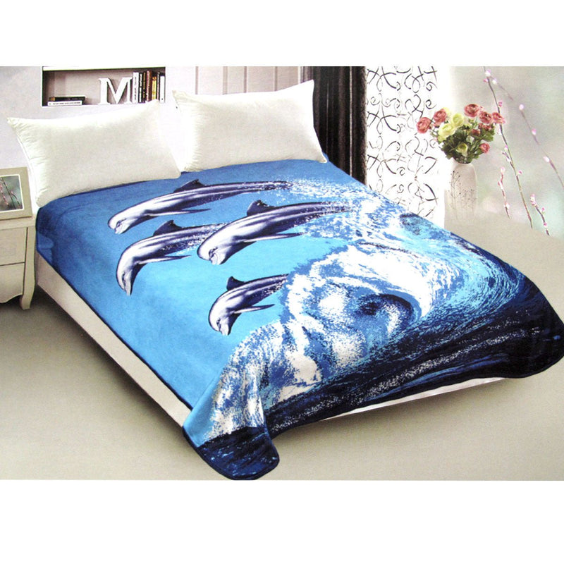 800GSM Luxury Reversible Animal Pattern Mink Blanket Queen 200 x 240 cm Jumping Dolphins Payday Deals