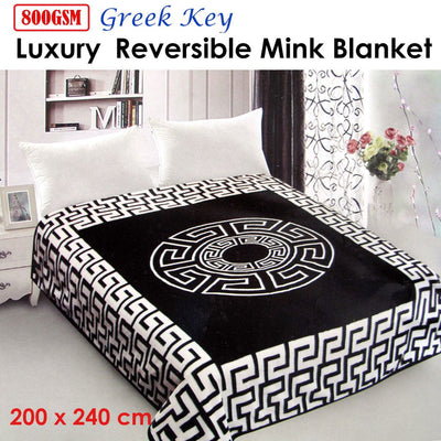 800GSM Luxury Reversible Mink Blanket Greek Key Black Queen 200 x 240 cm Payday Deals