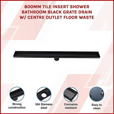 800mm Tile Insert Shower Bathroom Black Grate Drain w/Centre outlet Floor Waste Payday Deals