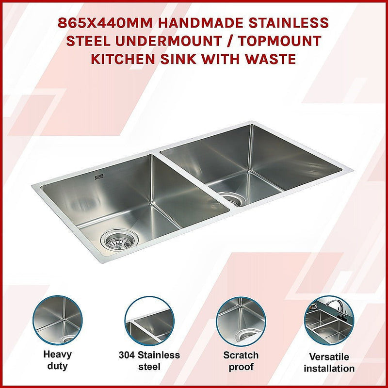 865x440mm Handmade Stainless Steel Undermount / Topmount Kitchen Sink with Waste Payday Deals
