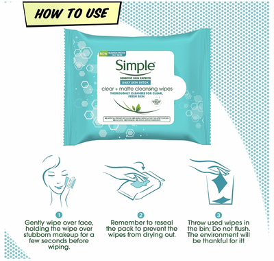 Simple Daily Skin Detox Clear + Matte Cleansing Wipes - 1 Pack of 25 Wipes