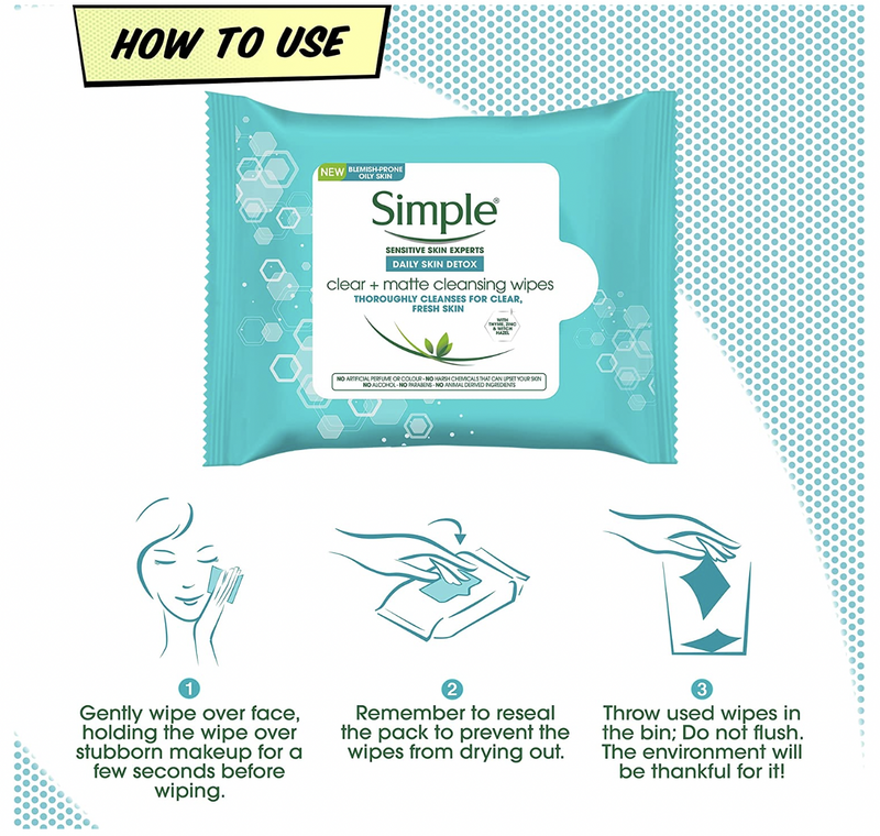 Simple Daily Skin Detox Clear + Matte Cleansing Wipes - 1 Pack of 25 Wipes