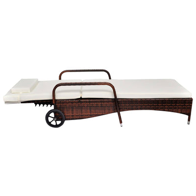 Sun Lounger with Cushion & Wheels Poly Rattan Brown