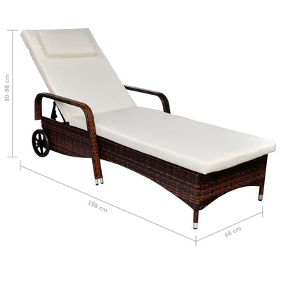 Sun Lounger with Cushion & Wheels Poly Rattan Brown