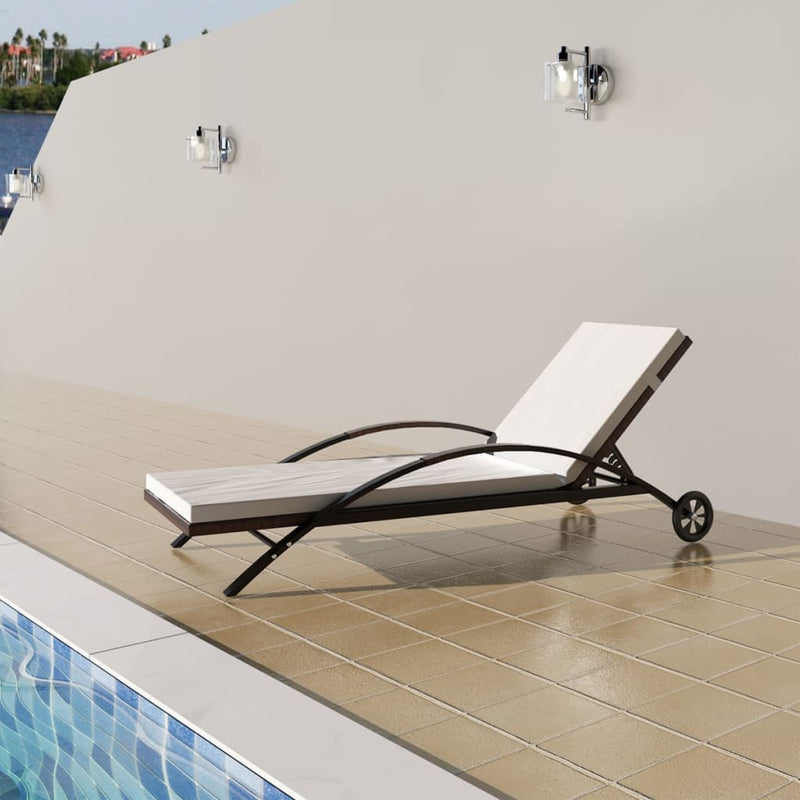 Sun Lounger with Cushion & Wheels Poly Rattan Brown