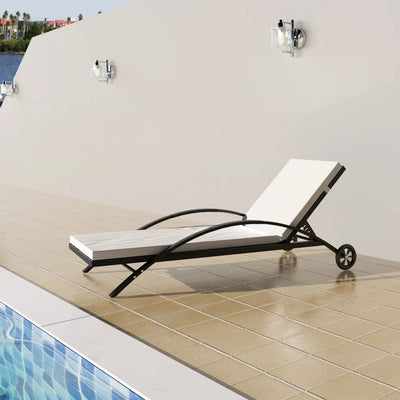 Sun Lounger with Cushion & Wheels Poly Rattan Black