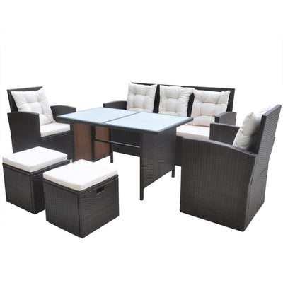 6 Piece Outdoor Dining Set with Cushions Poly Rattan Brown